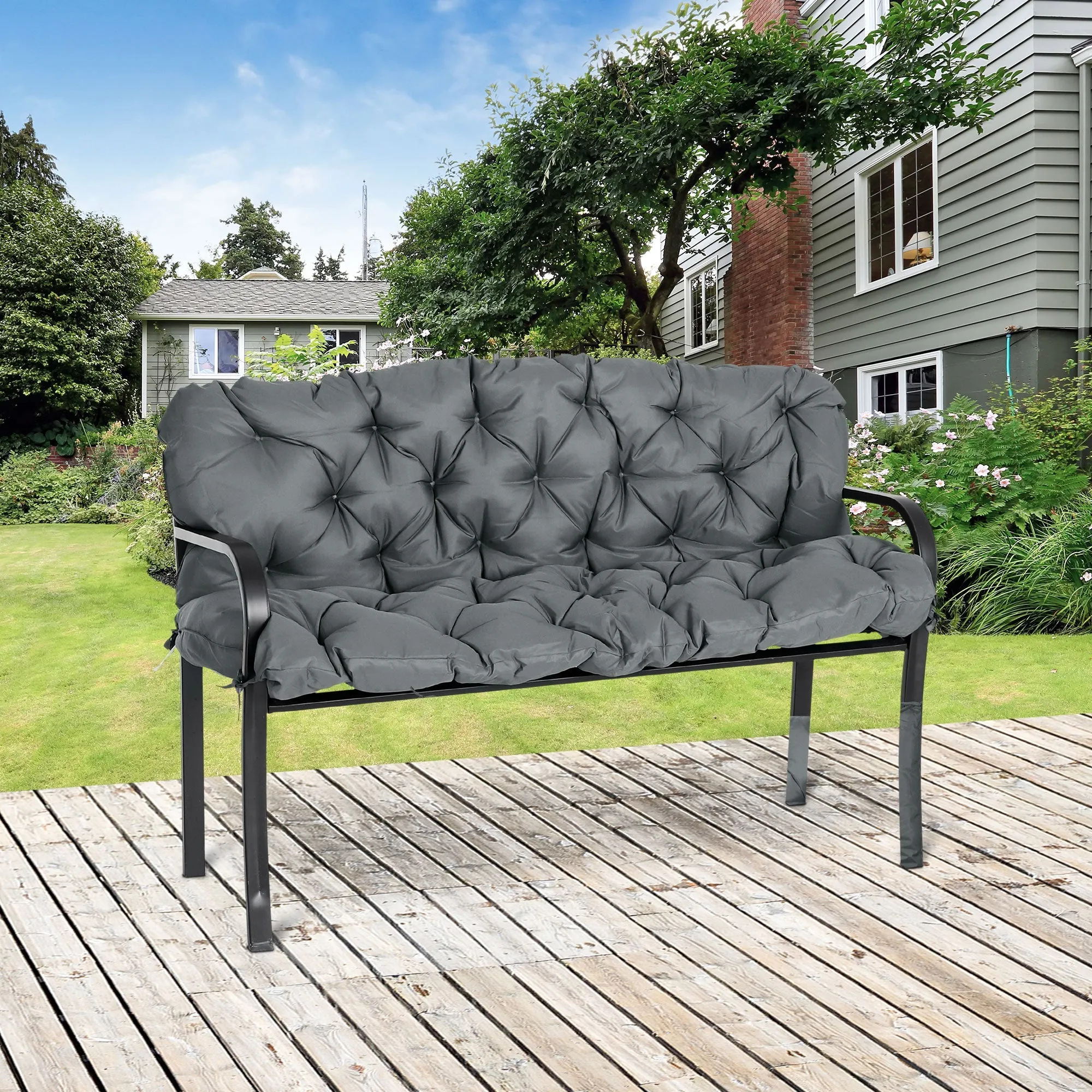 3 Seater Outdoor Chair Cushions Garden Bench CushionWith Back and Ties for Indoor and Outdoor Use 98 x 150 cm Dark Grey
