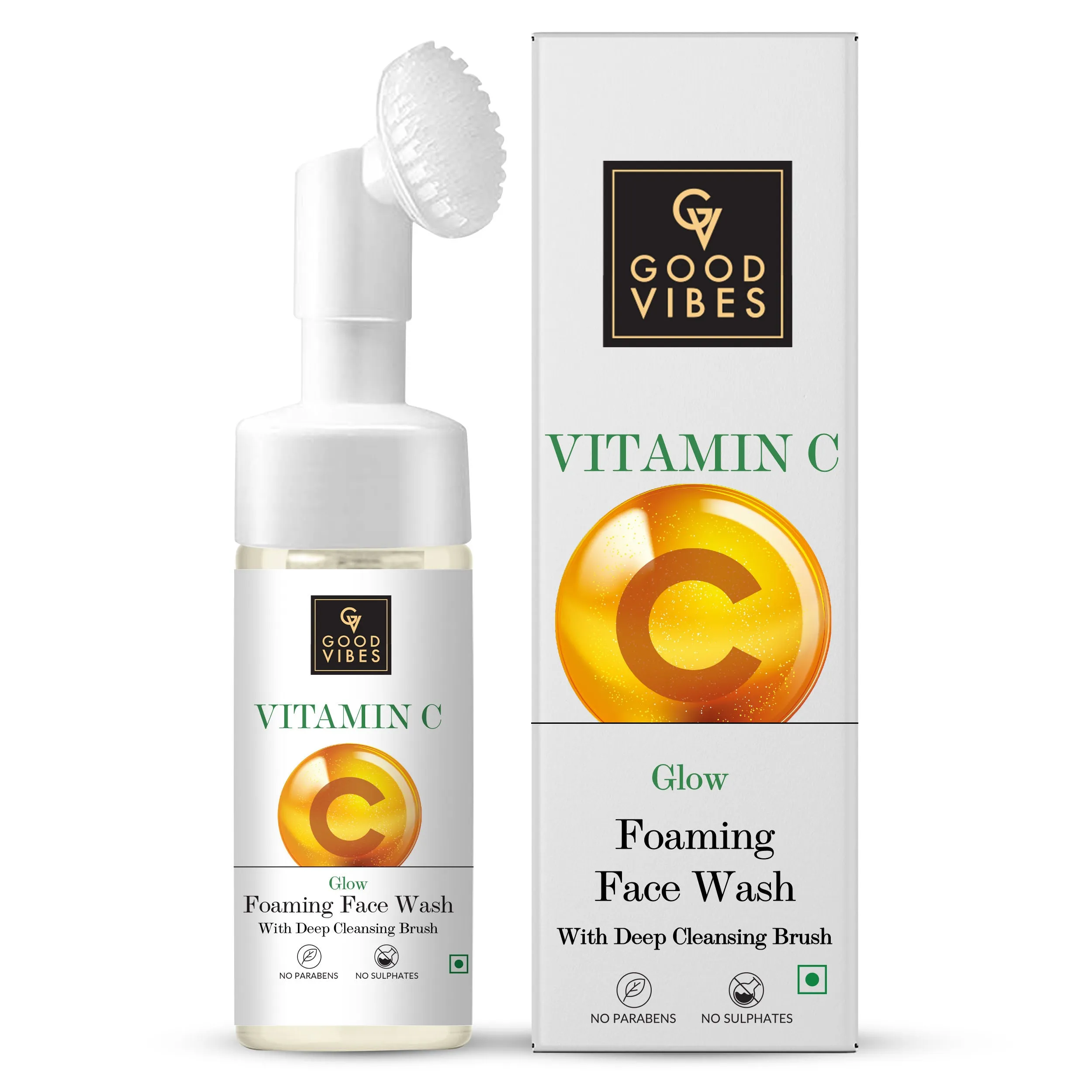Good Vibes Vitamin C Glow Foaming Face Wash With Deep Cleansing Brush | Face Cleanser | Non-Drying, Brightening, Clear Skin | No Parabens, No Sulphates, No Animal Testing (150 ml)