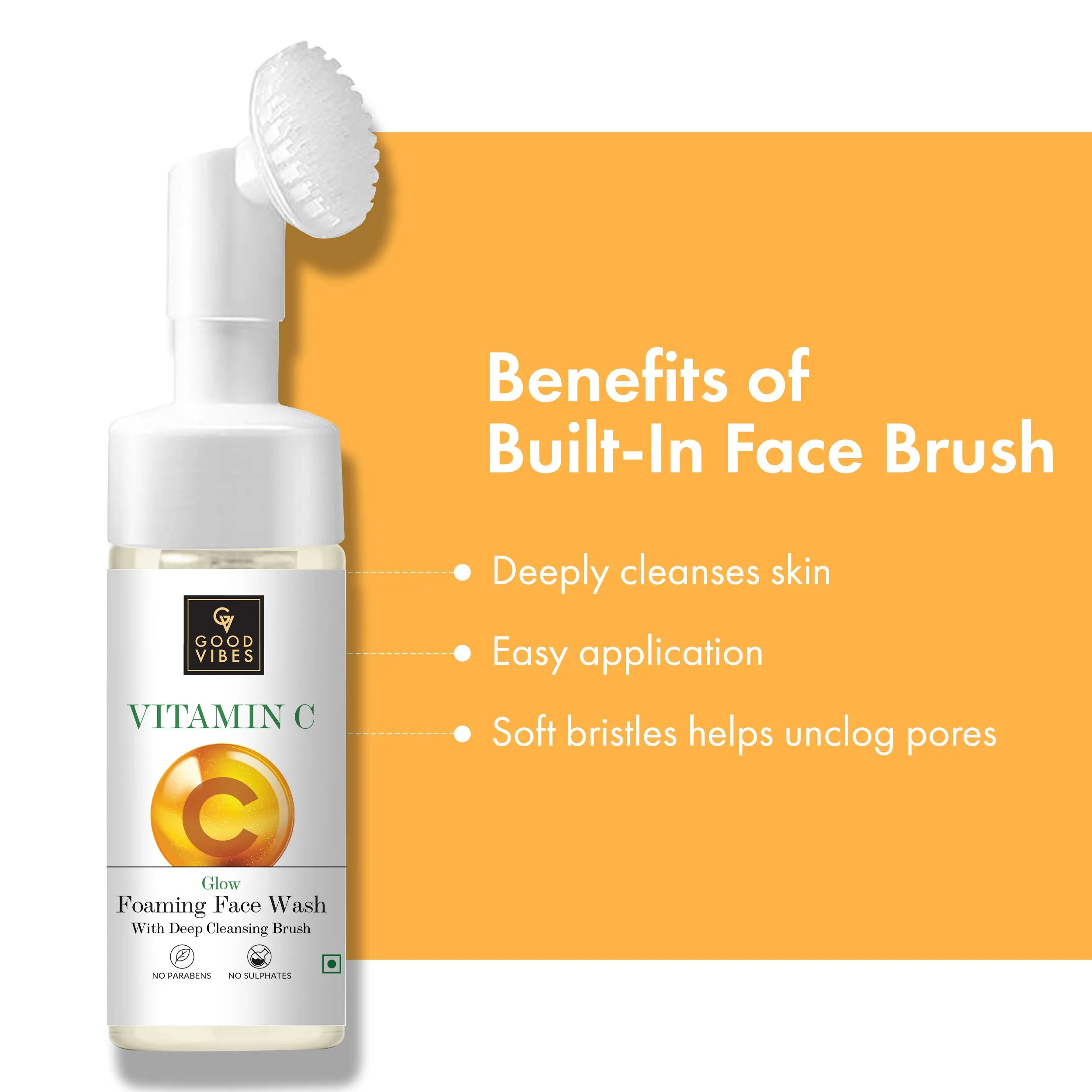 Good Vibes Vitamin C Glow Foaming Face Wash With Deep Cleansing Brush | Face Cleanser | Non-Drying, Brightening, Clear Skin | No Parabens, No Sulphates, No Animal Testing (150 ml)