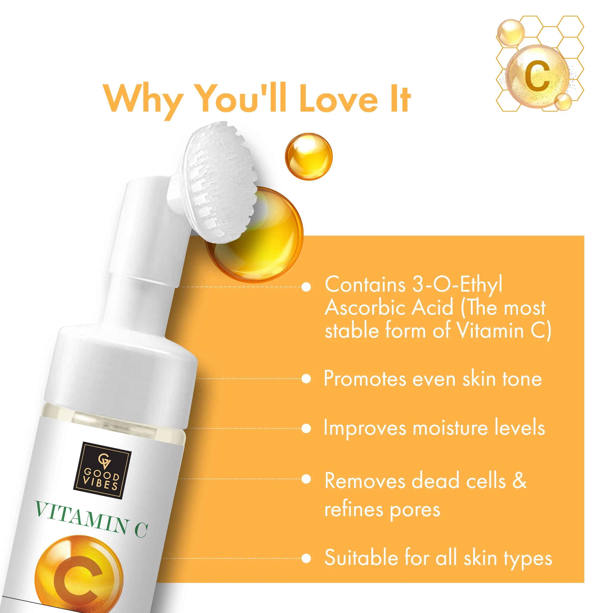 Good Vibes Vitamin C Glow Foaming Face Wash With Deep Cleansing Brush | Face Cleanser | Non-Drying, Brightening, Clear Skin | No Parabens, No Sulphates, No Animal Testing (150 ml)