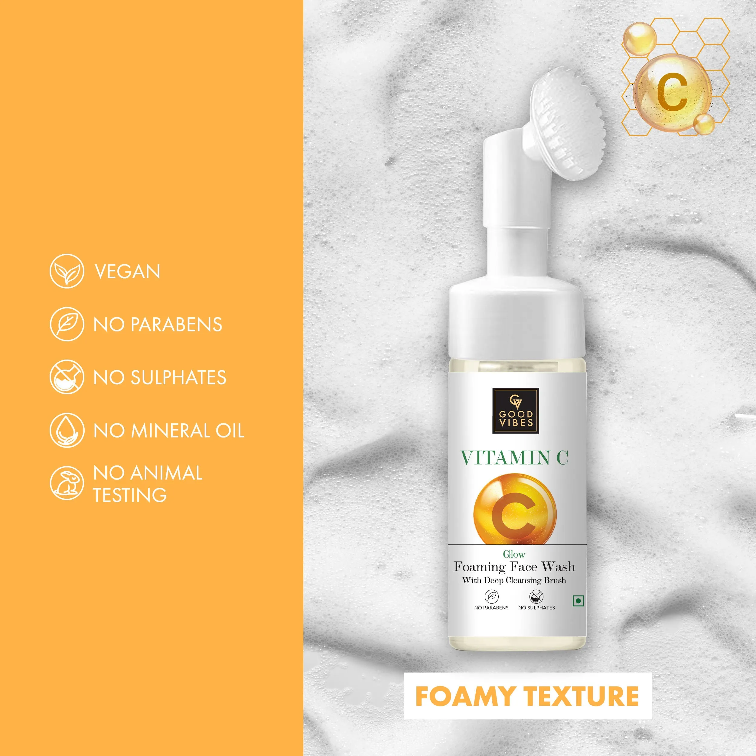 Good Vibes Vitamin C Glow Foaming Face Wash With Deep Cleansing Brush | Face Cleanser | Non-Drying, Brightening, Clear Skin | No Parabens, No Sulphates, No Animal Testing (150 ml)