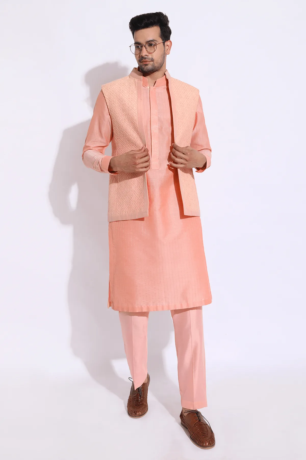 Peach thread embroidered open bandi jacket with peach kurta set