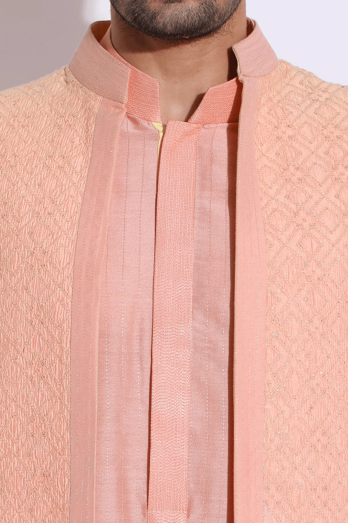Peach thread embroidered open bandi jacket with peach kurta set