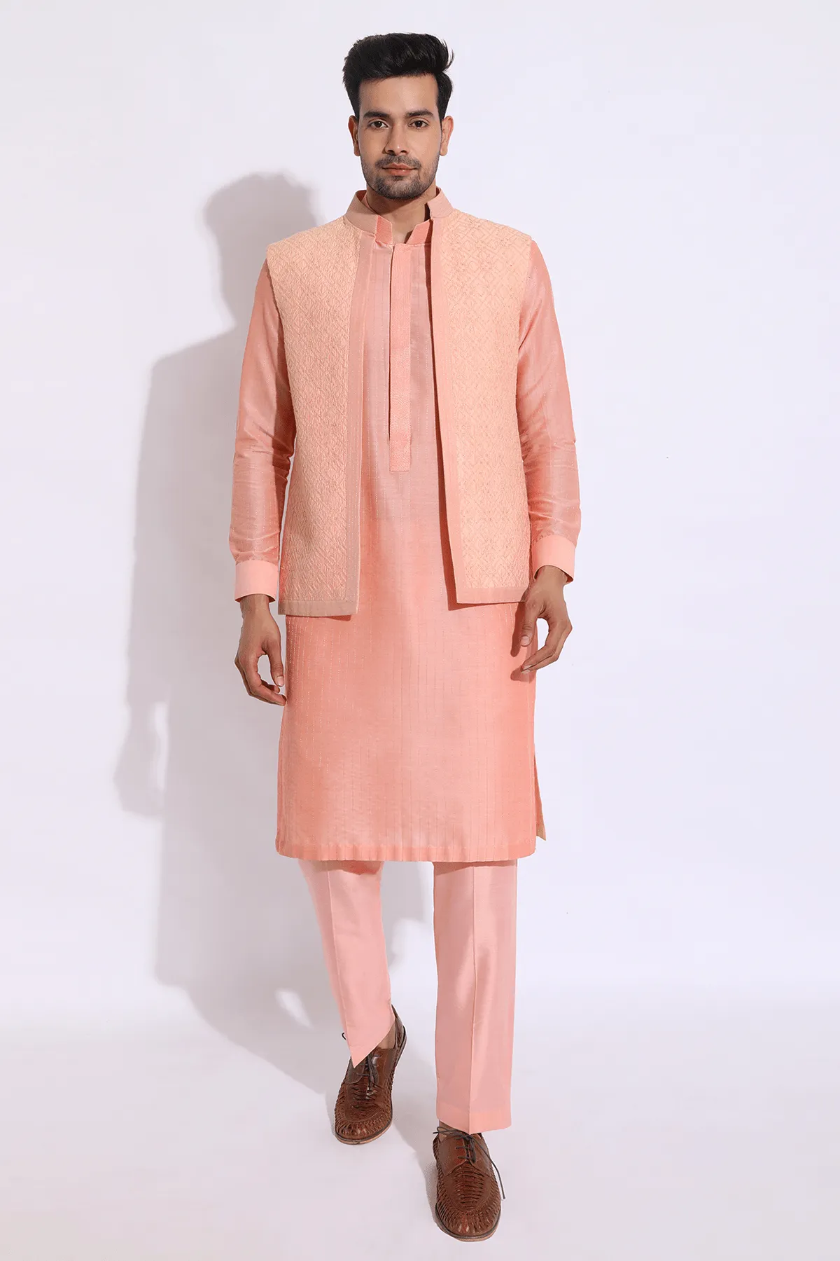 Peach thread embroidered open bandi jacket with peach kurta set
