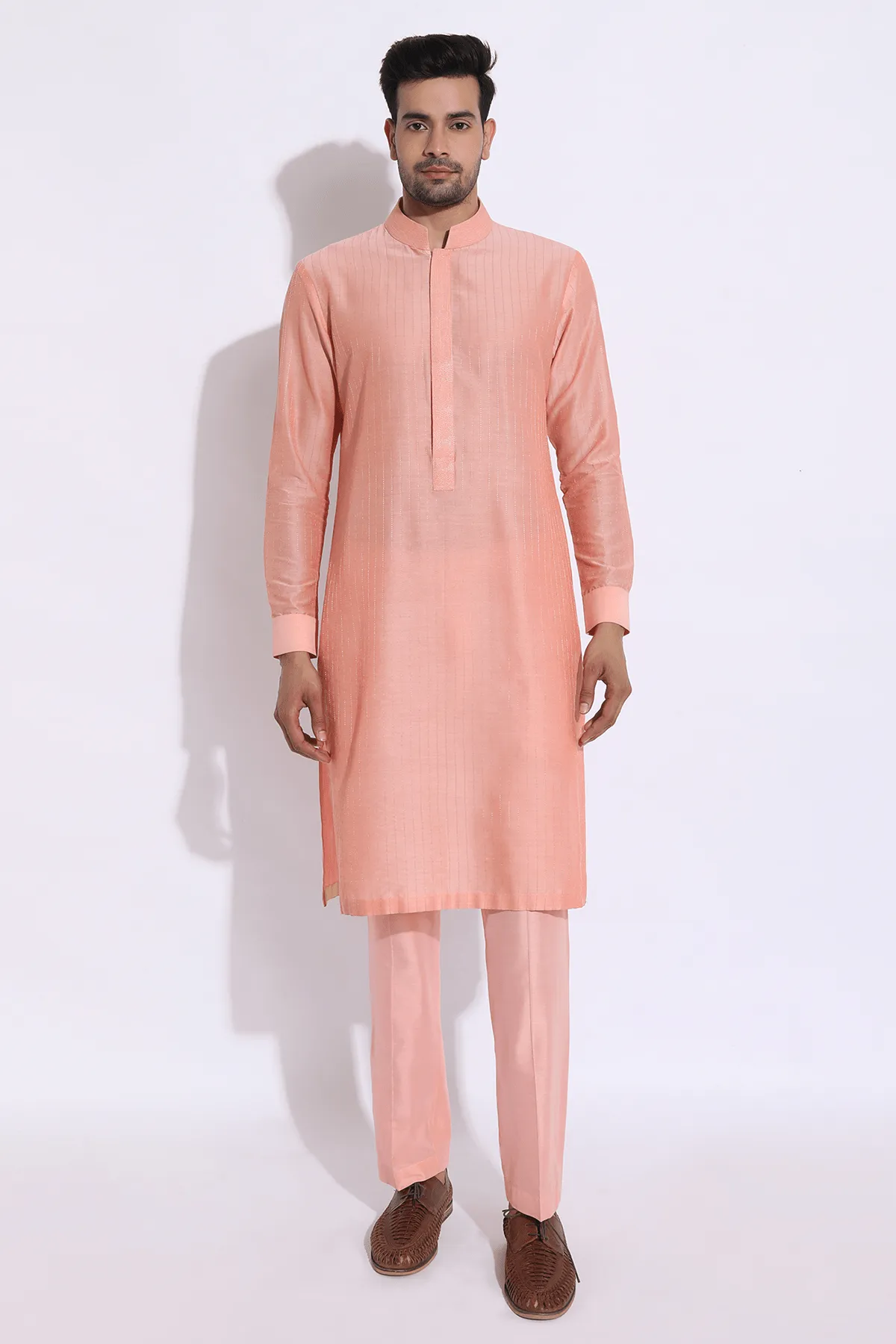 Peach thread embroidered open bandi jacket with peach kurta set