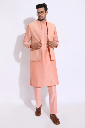 Peach thread embroidered open bandi jacket with peach kurta set