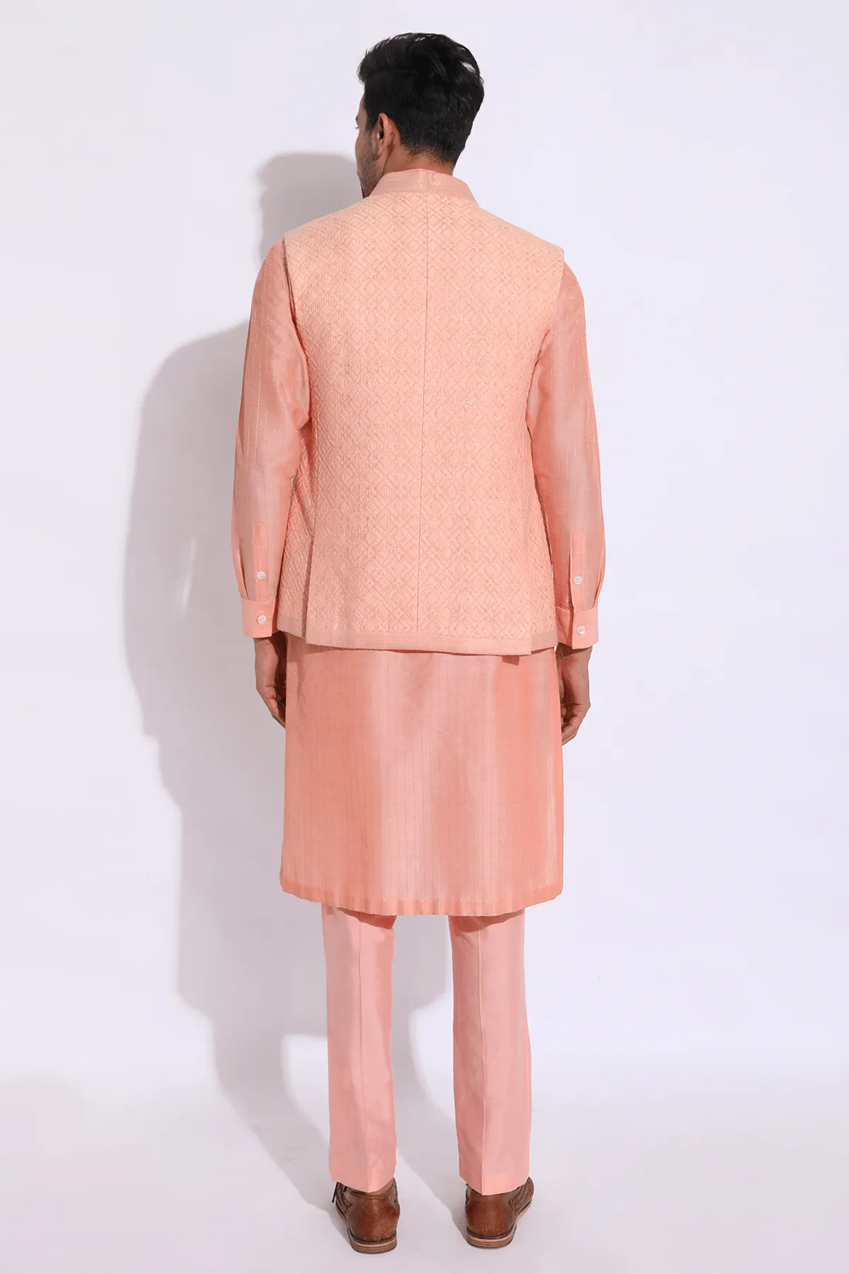 Peach thread embroidered open bandi jacket with peach kurta set